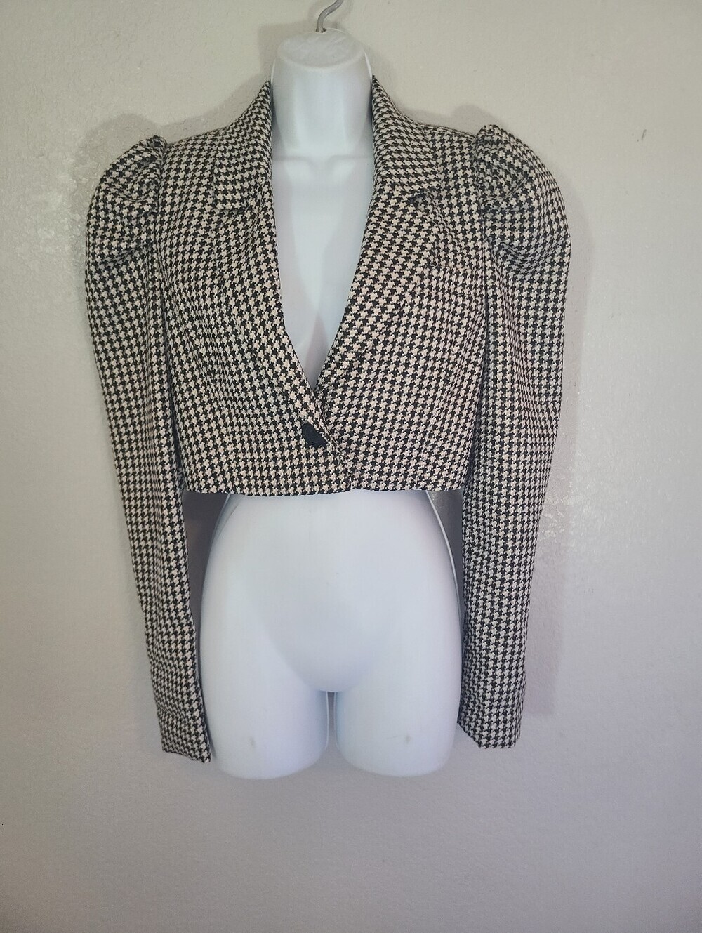 FV21 Houndstooth Statement Shoulder Puff Sleeve Cropped Blazer Jacket Size Small